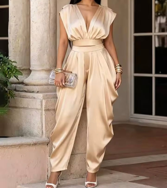 Women Ruched Sexy Satin Sleeveless Two Piece Pant Set