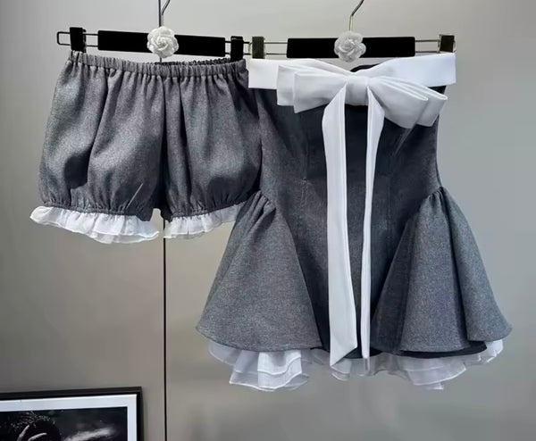 Women Bow Strapless Gray Two Piece Fashion Short Set