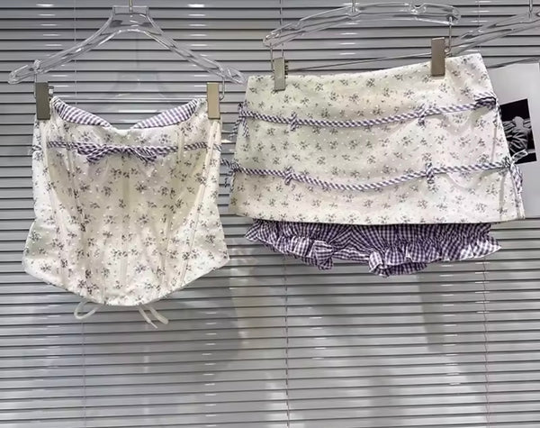 Women Sexy Plaid Floral Strapless Corset Two Piece Skirt Set