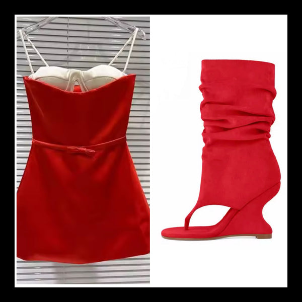 Women Fashion Suede Open Toe Ruched Wedge Ankle Boots