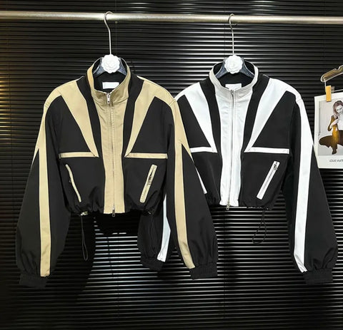 Women Fashion Color Patchwork Zip Up Jacket