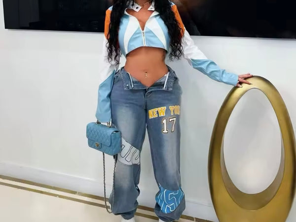 Women Fashion Color Patchwork Printed PU Zip Up Crop Jacket