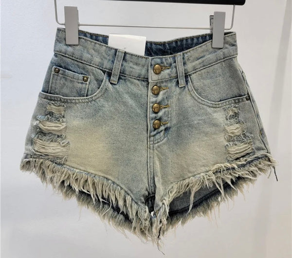 Women Ripped Fringe Button Up Denim Shorts