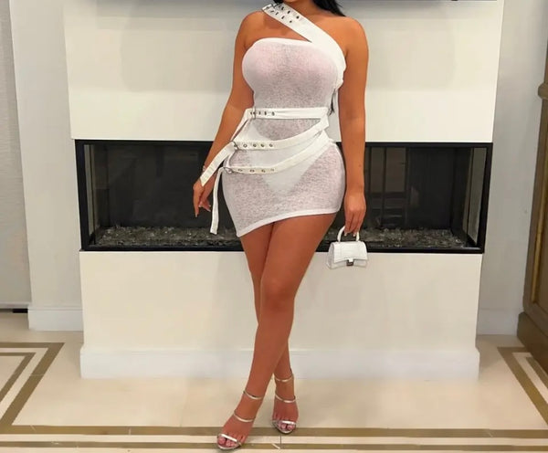 Women Sexy Buckled One Shoulder Sleeveless See Through Dress