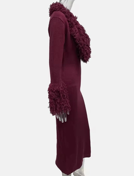 Women Sexy Burgundy Knitted Fringe Full Sleeve Maxi Dress
