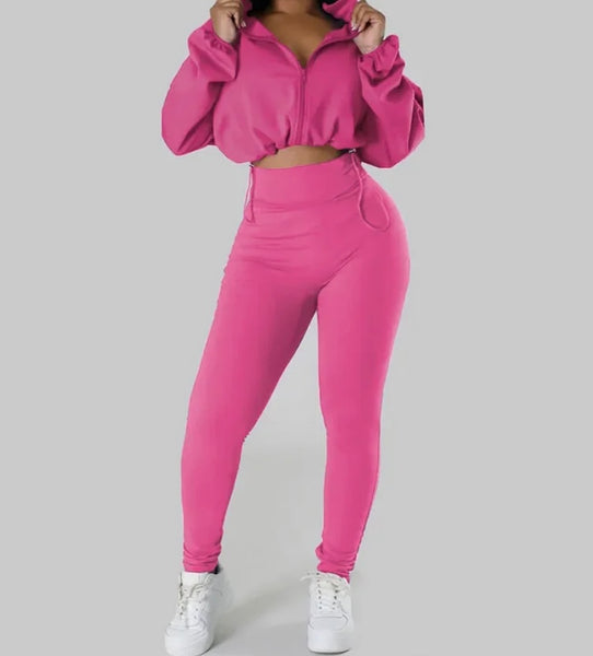 Women Color Fashion Full Sleeve Crop Two Piece Pant Set
