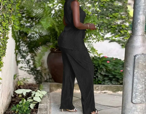 Women Button Up Sleeveless Solid Color Two Piece Pant Set