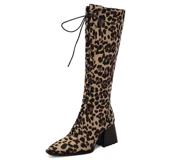 Women Fashion Pointed Toe Lace Up Knee High Boots