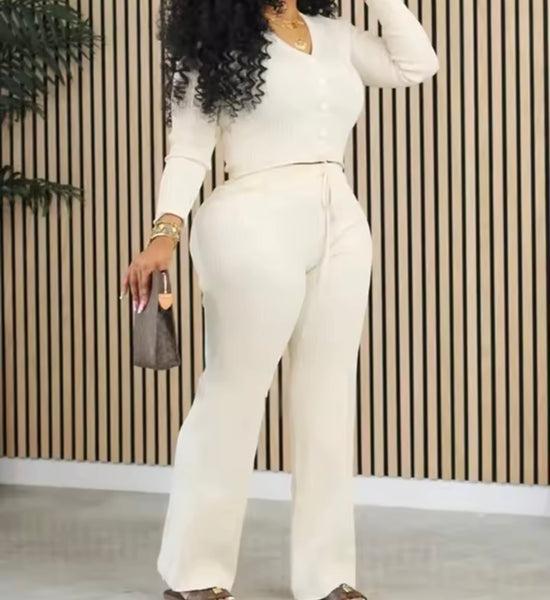 Women Fashion Ribbed Button Up Full Sleeve Two Piece Pant Set