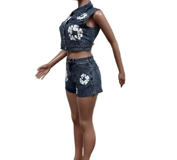 Women Fashion Floral Print Two Piece Denim Vest Short Set