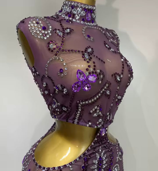 Women Sexy Sleeveless Purple Rhinestone Mesh Dress
