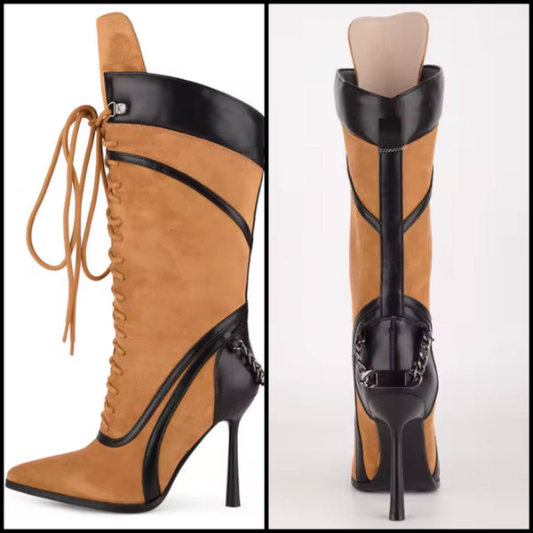 Women Suede Pointed Toe Tie Up Chain High Heel Boots