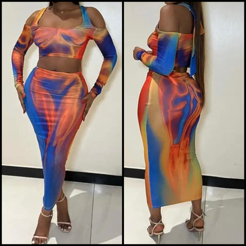 Women Sexy Multicolored Full Sleeve Crop Two Piece Skirt Set