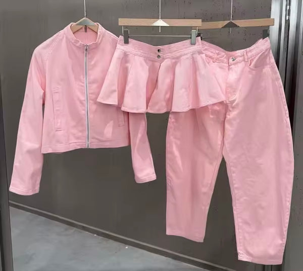 Women Pink Zip Up Jacket Fashion Three Piece Pant Set