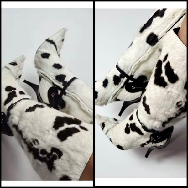 Women Fashion Pointed Toe Animal Print Faux Fur Boots