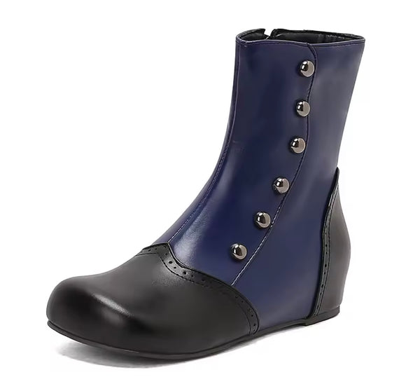 Women Color Patchwork Rivet Fashion Flat Ankle Boots