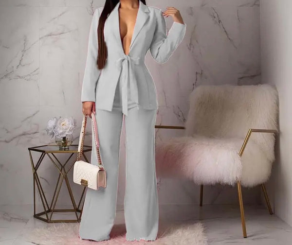 Women Solid Color Sexy Full Sleeve Blazer Two Piece Pant Set