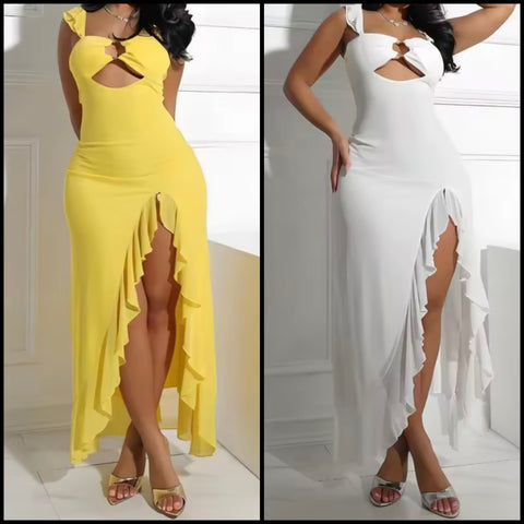 Women Solid Color Sleeveless Ruffled Side Split Sexy Dress