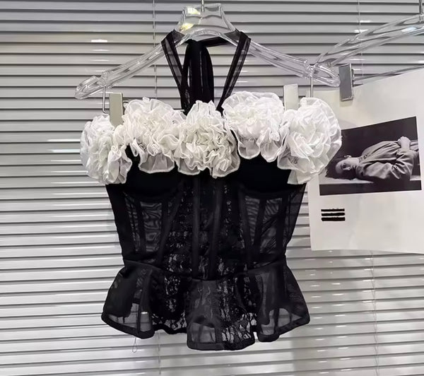 Women Sexy Strapless B&W 3D Floral Mesh Two Piece Skirt Set
