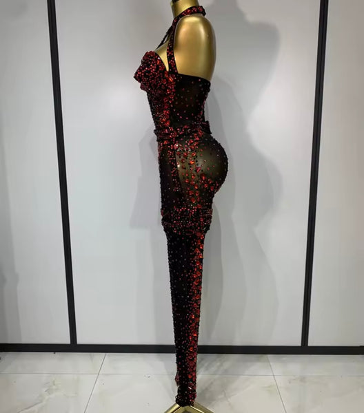 Women Black Sexy Sleeveless Red Rhinestone Mesh Jumpsuit