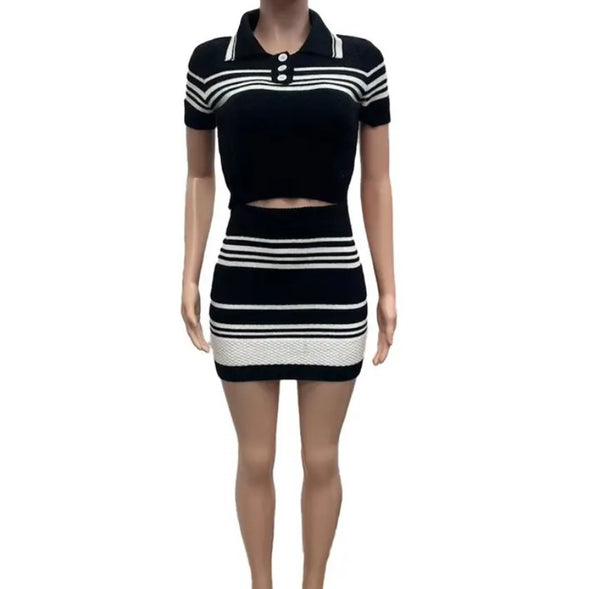 Women Sexy Short Sleeve B&W Striped Two Piece Skirt Set