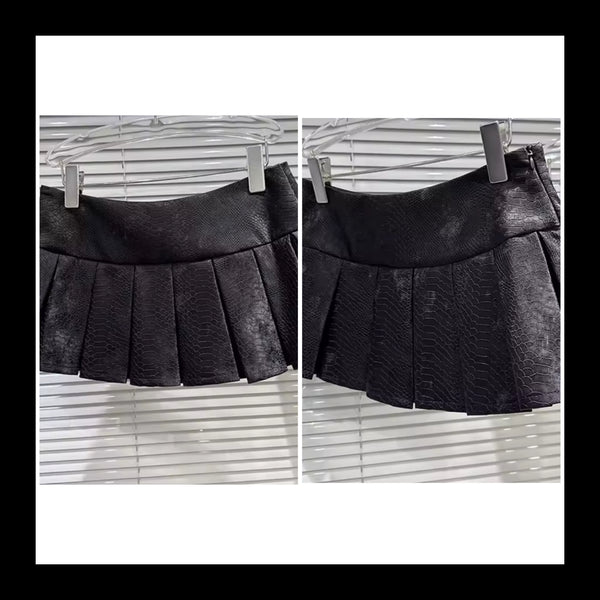 Women Sexy Fashion Black Faux Leather Pleated Skirt