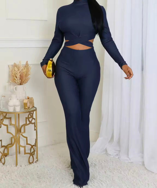 Women Fashion Solid Color Full Sleeve Tie Up Crop Two Piece Pant Set