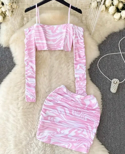 Women Sexy Pink/White Striped Full Sleeve Two Piece Skirt Set