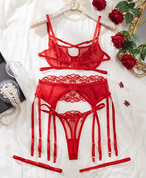 Women Red Lace Thong Lingerie Set