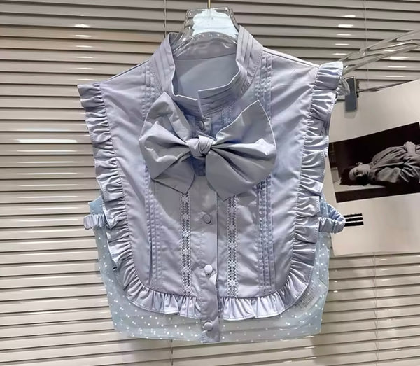 Women Ruffled Bow Button Up Sleeveless Top