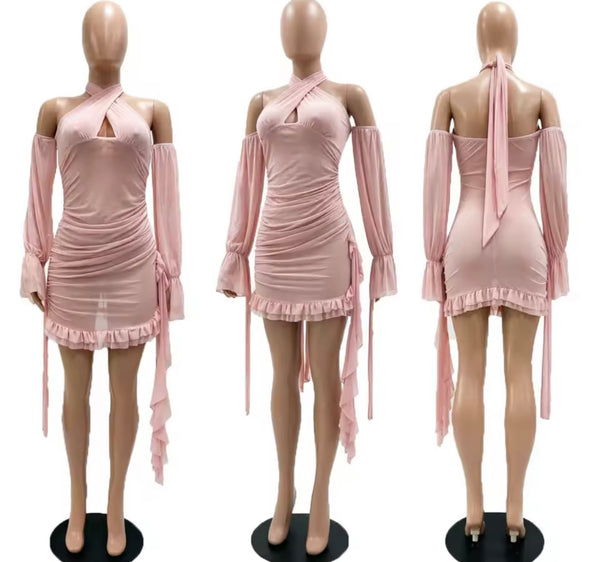 Women Sexy Halter Sleeveless Ruffled Mesh Dress