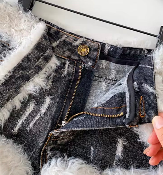 Women Fashion Ripped Faux Fur Patchwork Denim Shorts