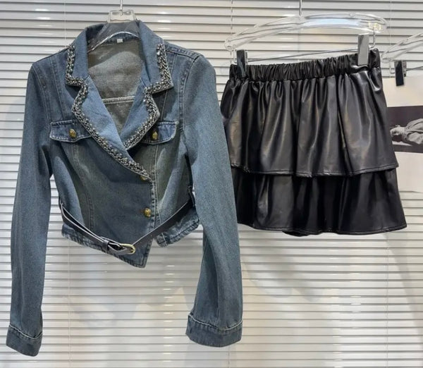 Women Fashion Two Piece Denim Full Sleeve Faux Leather Ruffled Skirt Set