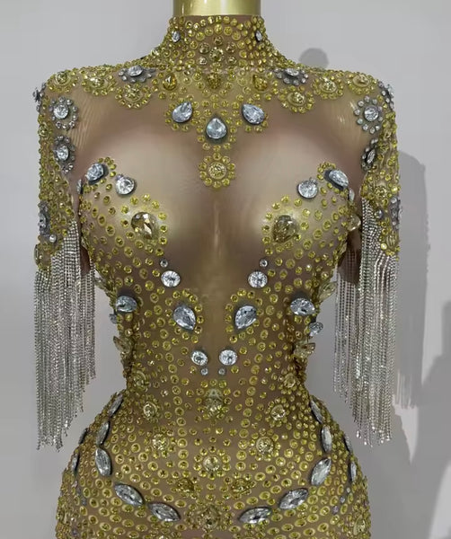 Women Sexy Short Sleeve Rhinestone Tassel Mesh Dress