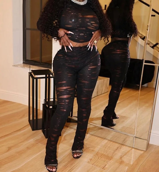 Women Sexy Black Ripped Full Sleeve Two Piece Pant Set