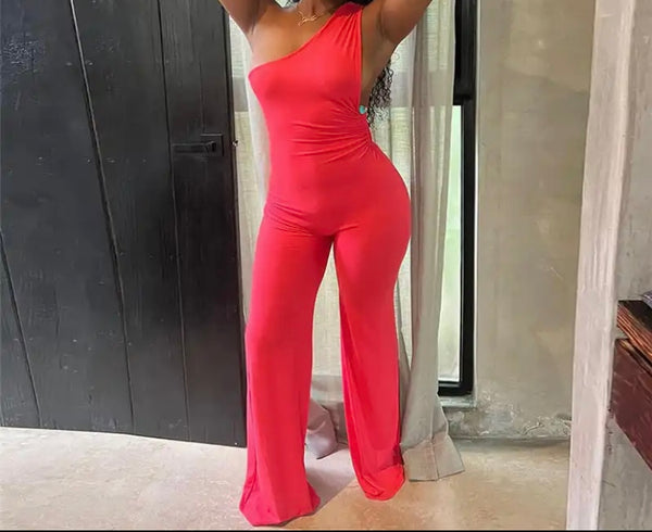 Women Sexy Solid Color One Shoulder Sleeveless Jumpsuit