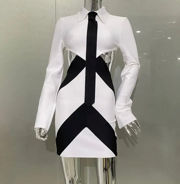 Women Sexy White/Black Tie Full Sleeve Dress