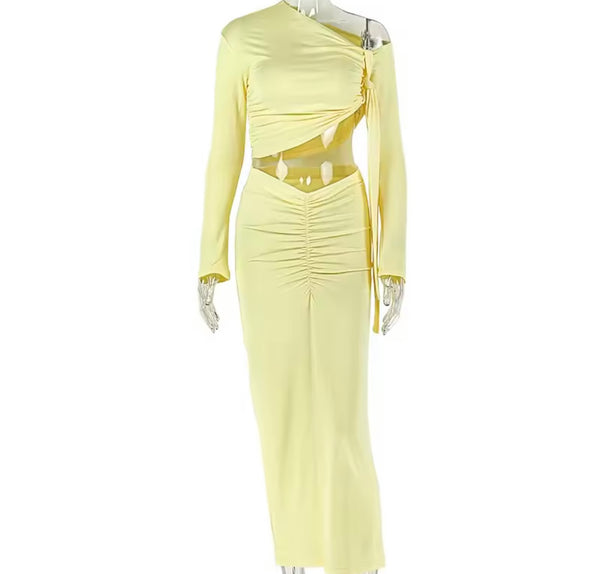 Women Sexy Yellow Ruched Full Sleeve Two Piece Maxi Skirt Set