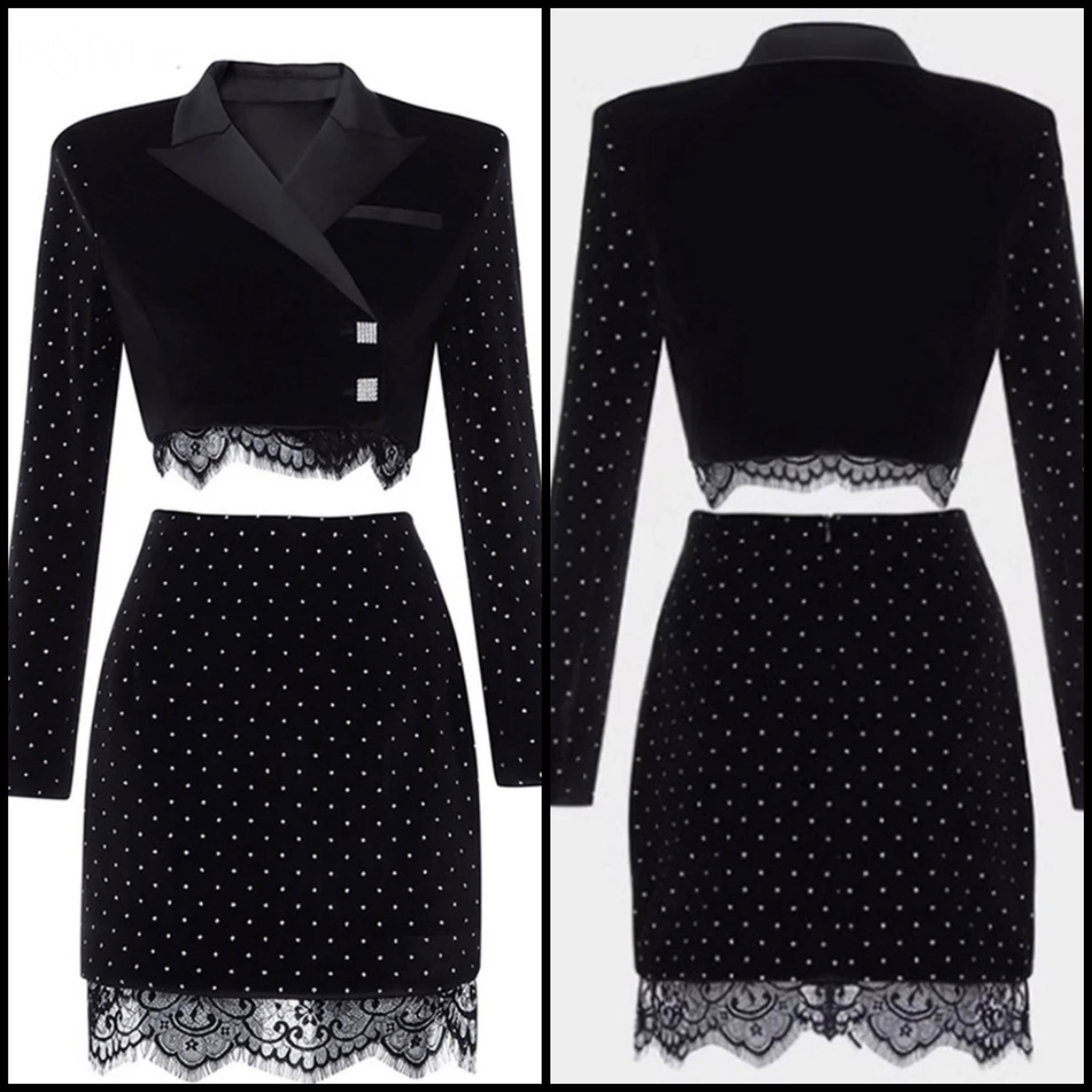 Women Black Velour Bling Lace Two Piece Blazer Skirt Set