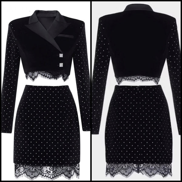 Women Black Velour Bling Lace Two Piece Blazer Skirt Set