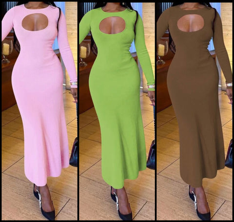 Women Sexy Hollow Out Full Sleeve Solid Color Maxi Dress