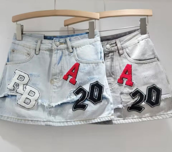 Women Fashion Letter Number Print Denim Skirt
