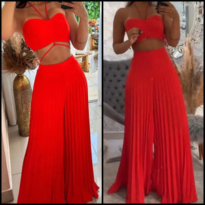 Women Red Sexy Sleeveless Two Piece Pleated Pant Set