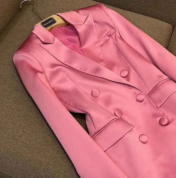 Women Sexy Satin Pink Three Piece Blazer Skirt Set