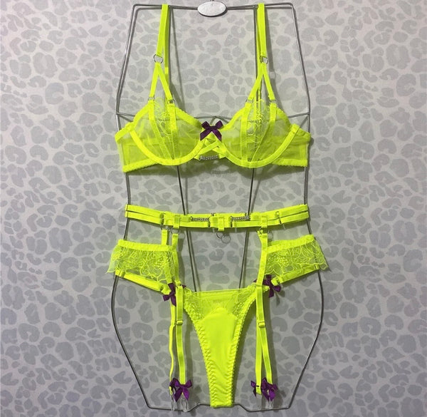 Women Sexy Green Mesh Bow Lingerie Set