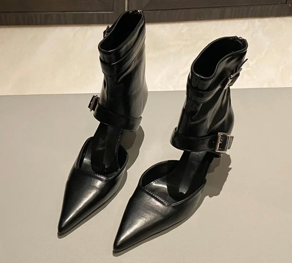 Women Fashion Pointed Toe Buckled High Heel Ankle Boots