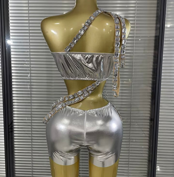 Women One Shoulder Sleeveless Rhinestone PU Mesh Two Piece Short Set
