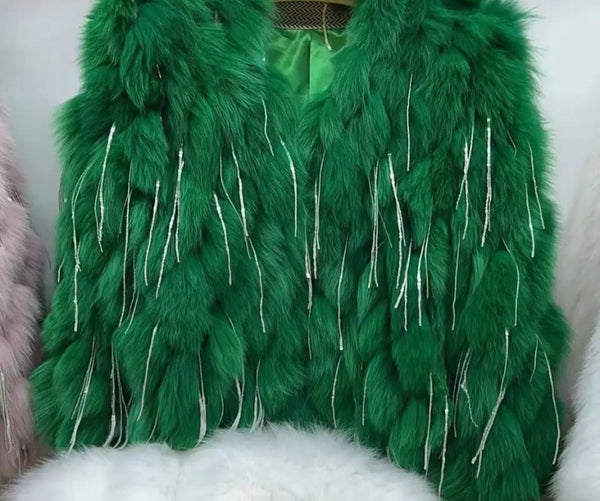 Women Fashion Faux Fur Bling Tassel Jacket