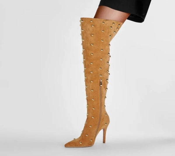 Women Suede Rivet Fashion Pointed Toe Over The Knee Boots