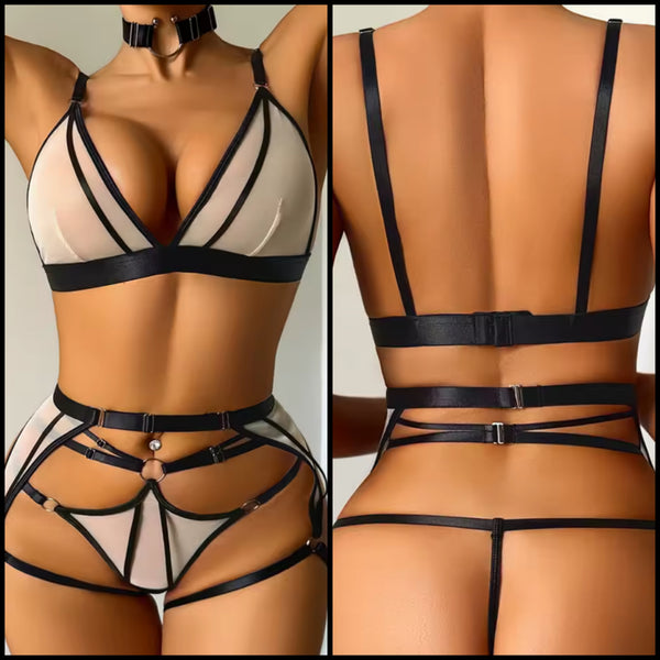 Women B&W Mesh Sexy G-String Lingerie Set
